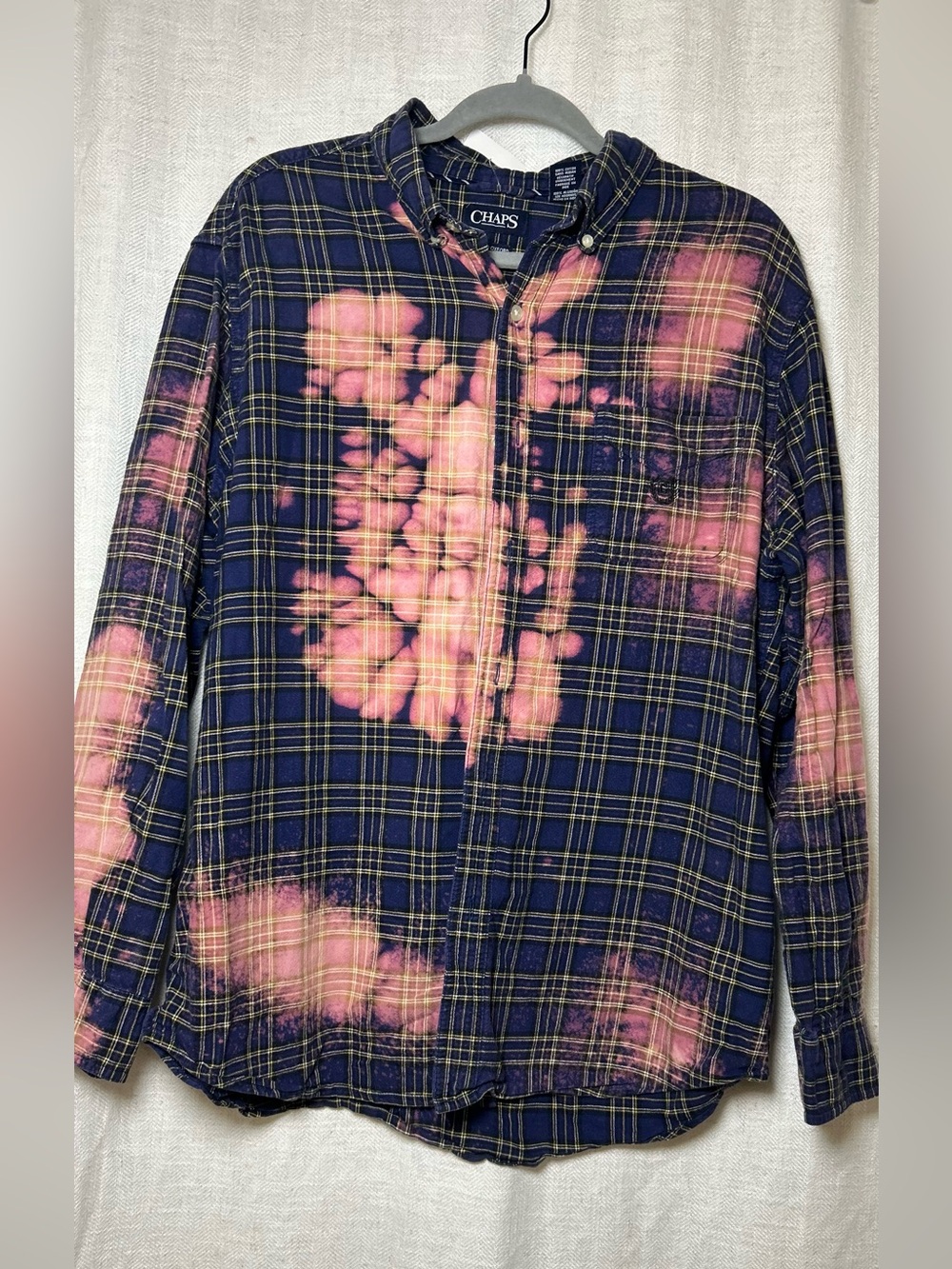 Chaps Custom Bleached Flannel Plaid Shirt Men’s L Reworked Grunge Acid Wash